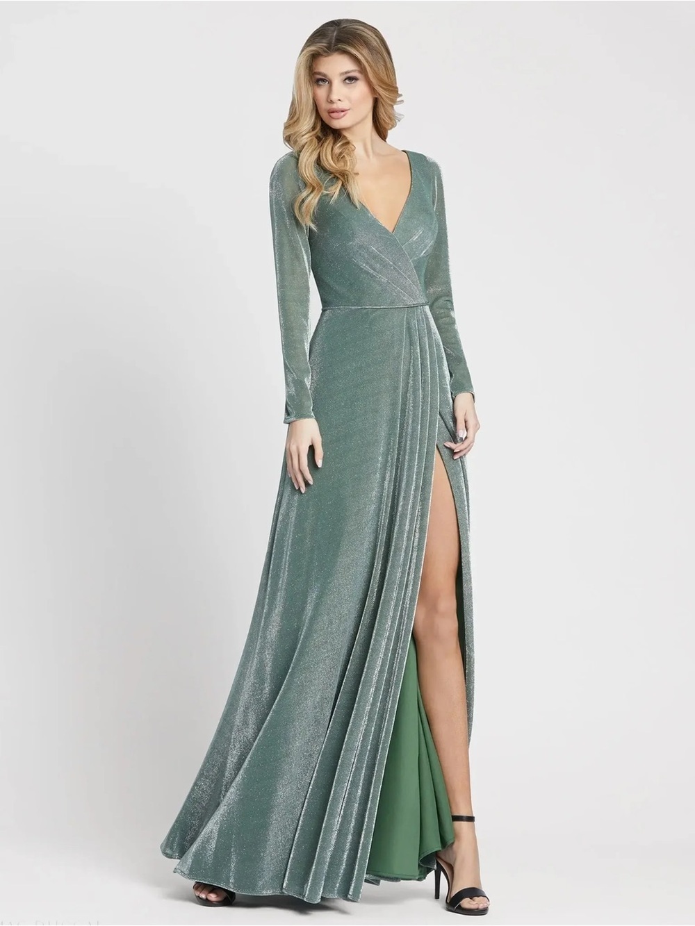 NWT - Mac Duggal - Long Sleeve Faux Wrap A Line Gown - Jade Green Shimmer